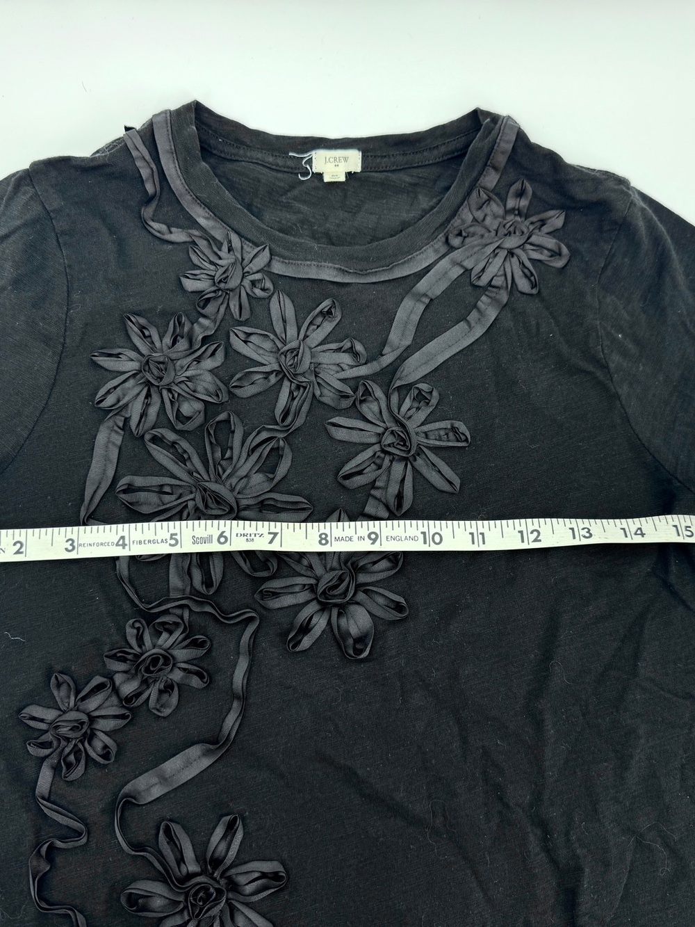J. Crew Black Short Sleeve Tee with Floral Ribbon Appliqués - Picture 6 of 7